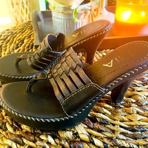 Dark brown slip on sandals with heel
